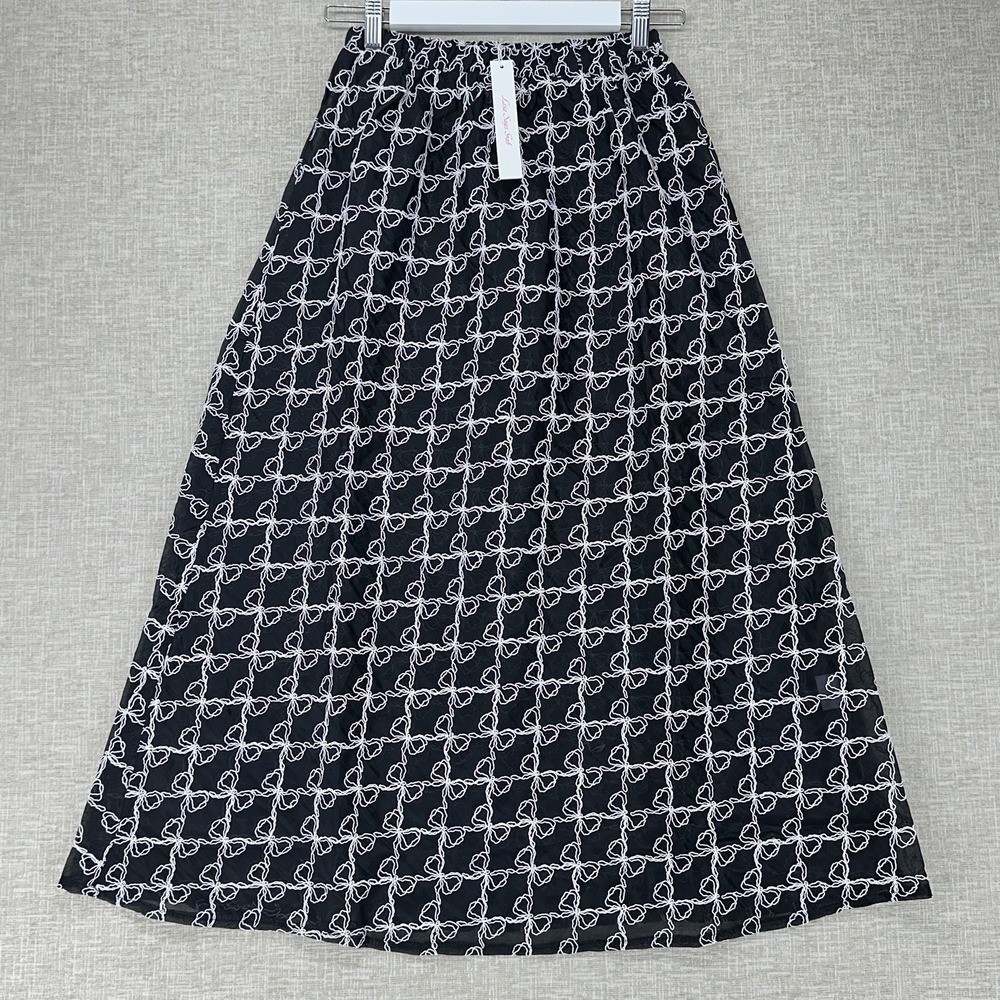 Lisa Says Gah Skirt Womens XS S Black White Sheer Bow Embroidered Maxi Mesh New